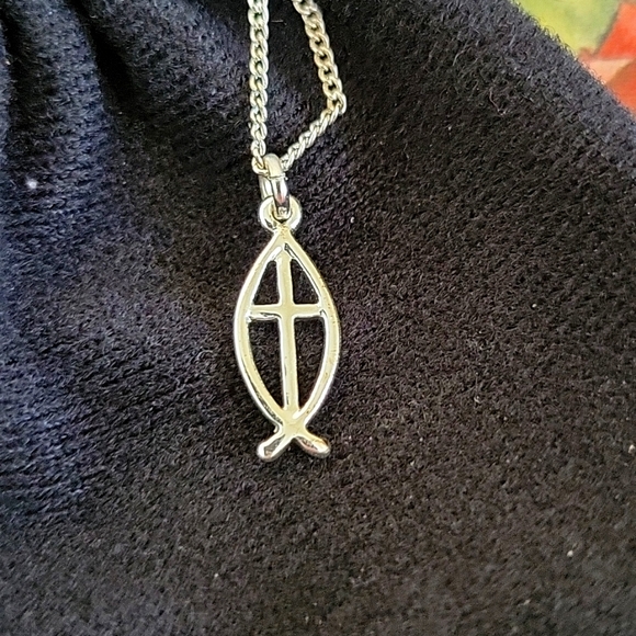 JESUS Fish Necklace, 8" STERLING CHAIN W/CROSS INSIDE FISH - Picture 2 of 4